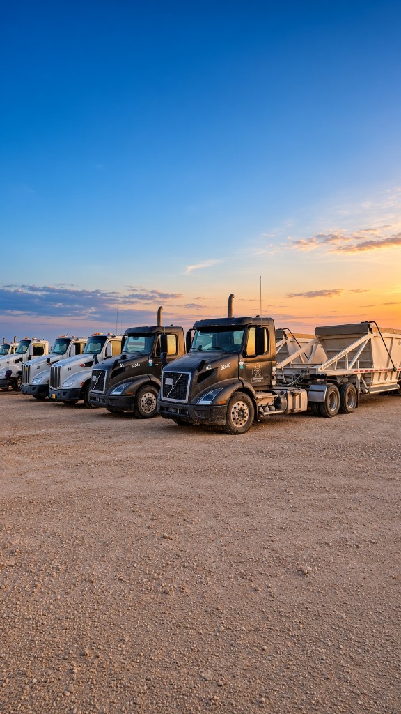 Black Volvo tractors and a belly-dump trailer parked on a gravel yard